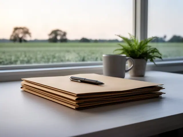 A neat stack of closed manila folders and a pen on a desk by a window.